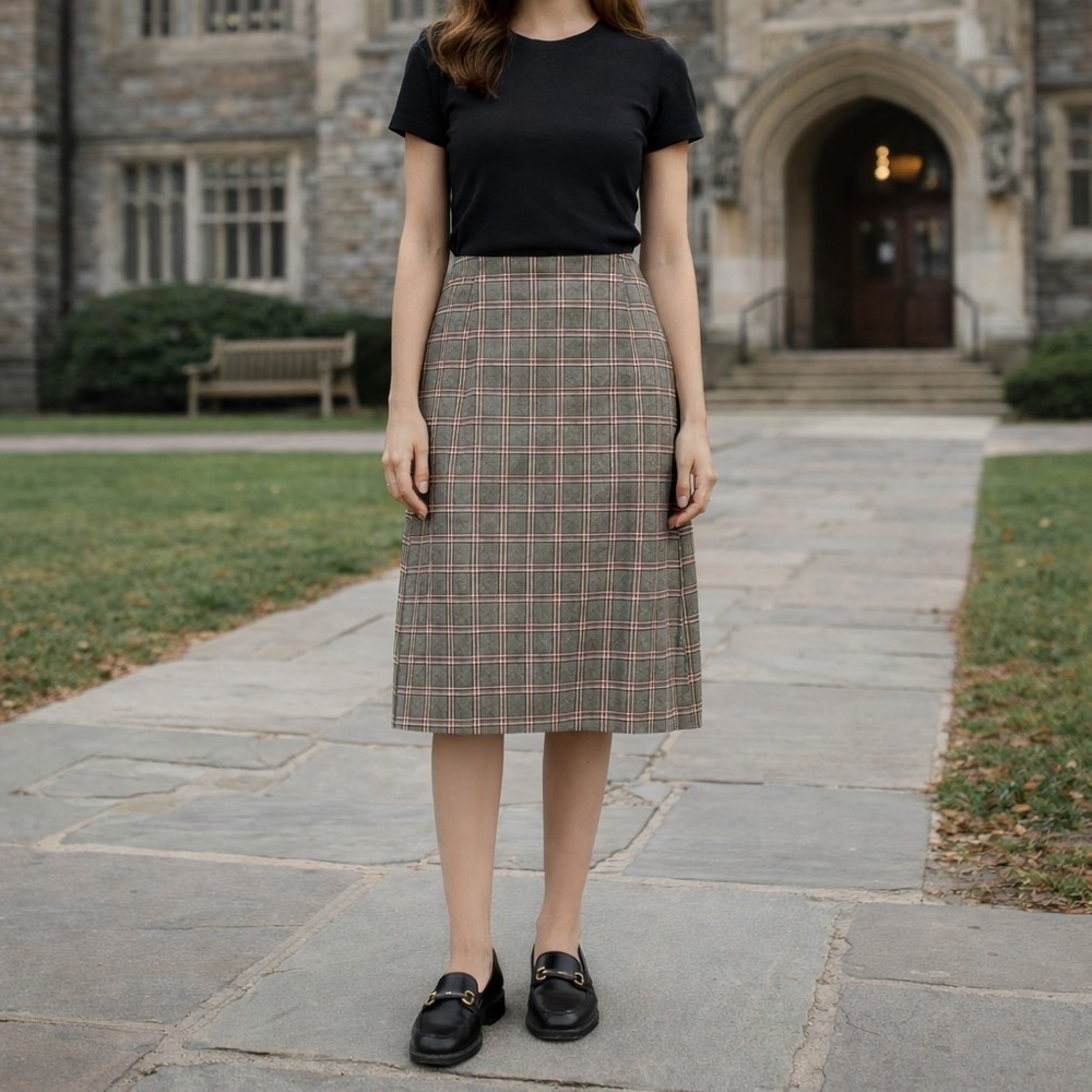 C&B Grayโ White Plaid Academic Preppy Classic A-Line Midi Skirt Size Medium P